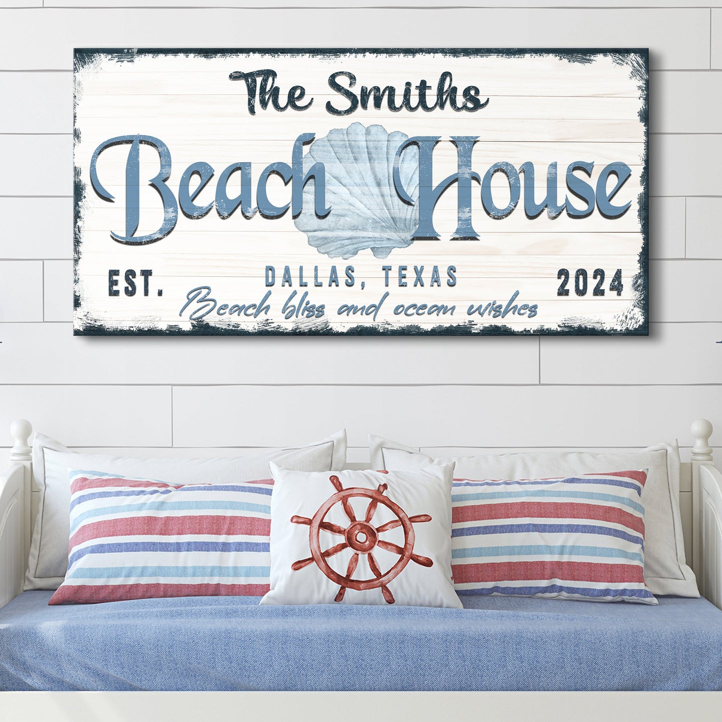 Personalized Beach House Sign IV canvas by Tailored Canvases; blue script with shell motif on Tampa Home & Garden Store
