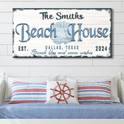 Personalized Beach House Sign IV canvas by Tailored Canvases; blue script with shell motif on Tampa Home & Garden Store