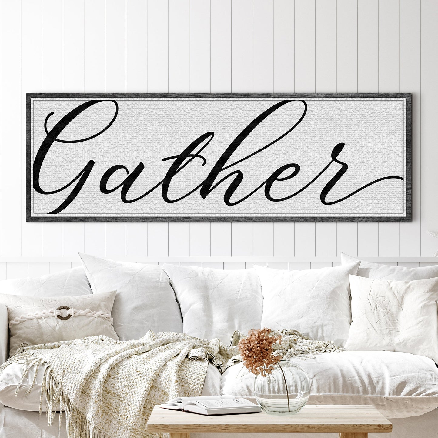 Gather Sign X canvas wall art by Tailored Canvases with black script on white panel on Tampa Home & Garden Store