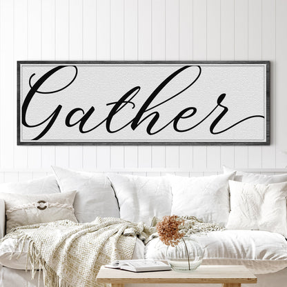 Gather Sign X canvas wall art by Tailored Canvases with black script on white panel on Tampa Home & Garden Store