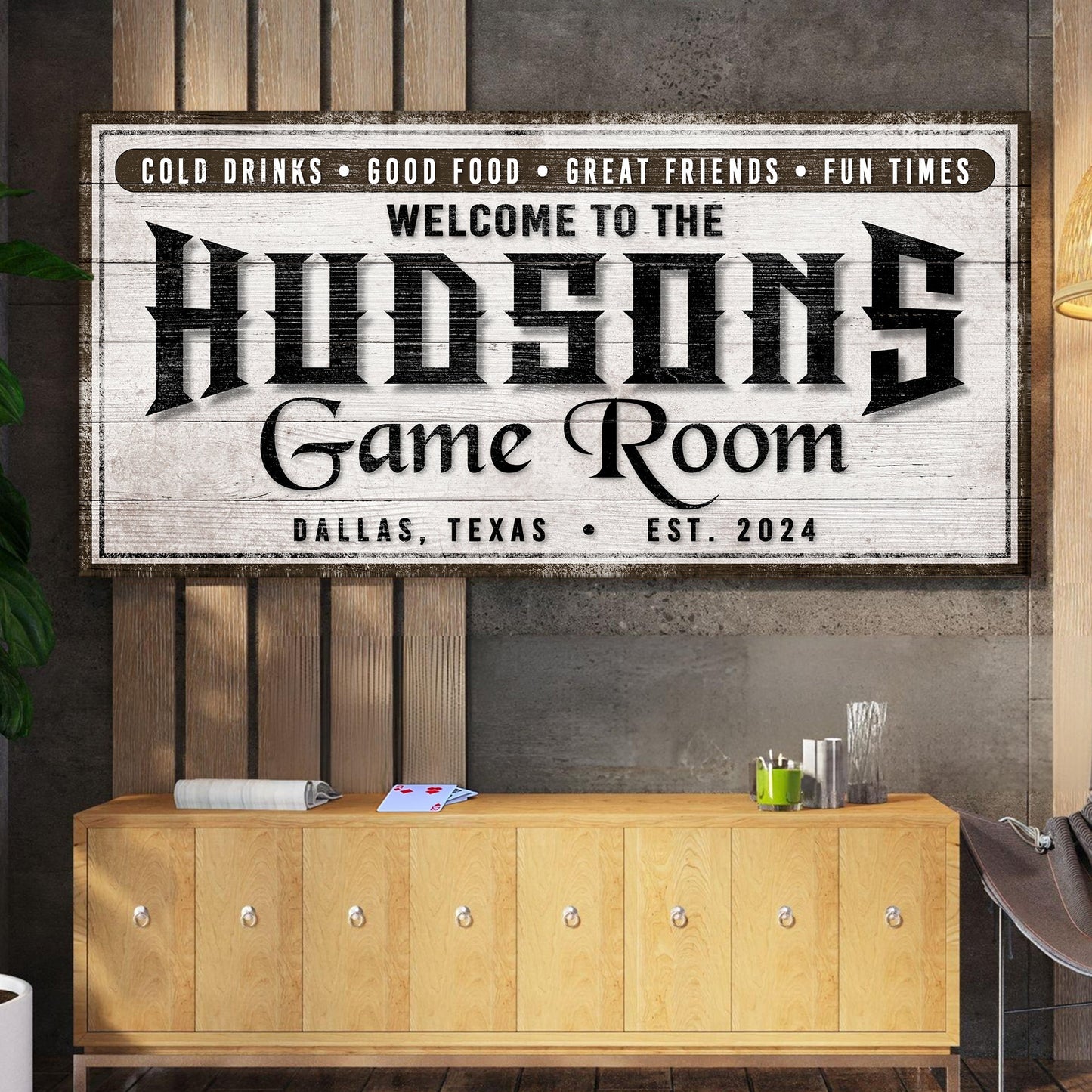 Personalized Game Room Sign IV canvas by Tailored Canvases with rustic distressed wood on Tampa Home & Garden Store