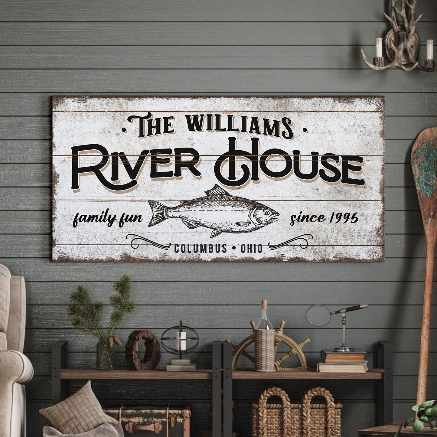 Personalized River House sign canvas with distressed white panel Tailored Canvases and fish on Tampa Home & Garden Store