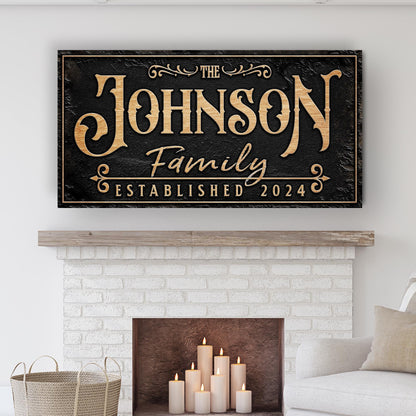 Personalized Family Sign Canvas with gold lettering on black textured background on Tampa Home & Garden Store