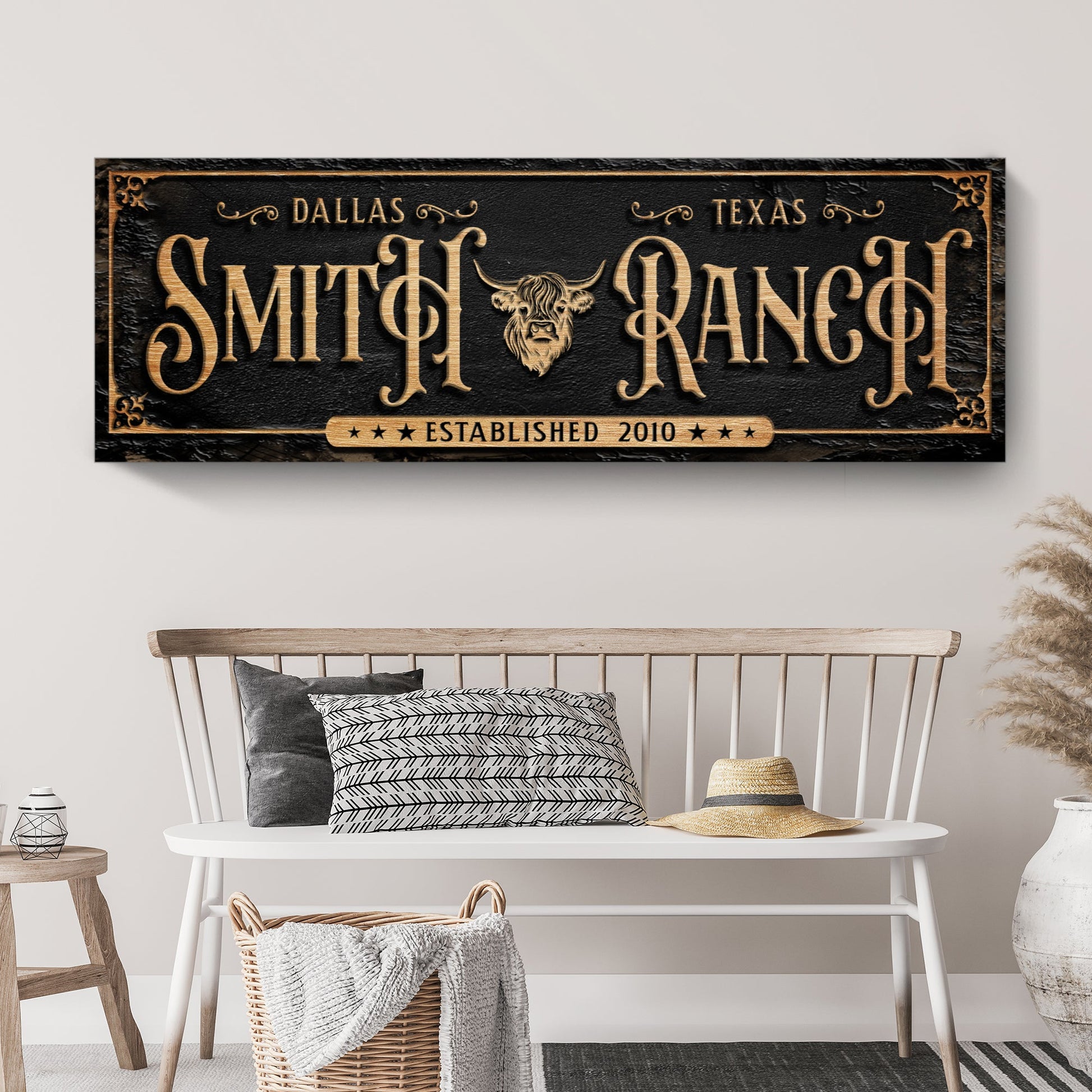 Personalized Cattle Ranch Sign canvas by Tailored Canvases in gold-on-black with Texas on Tampa Home & Garden Store