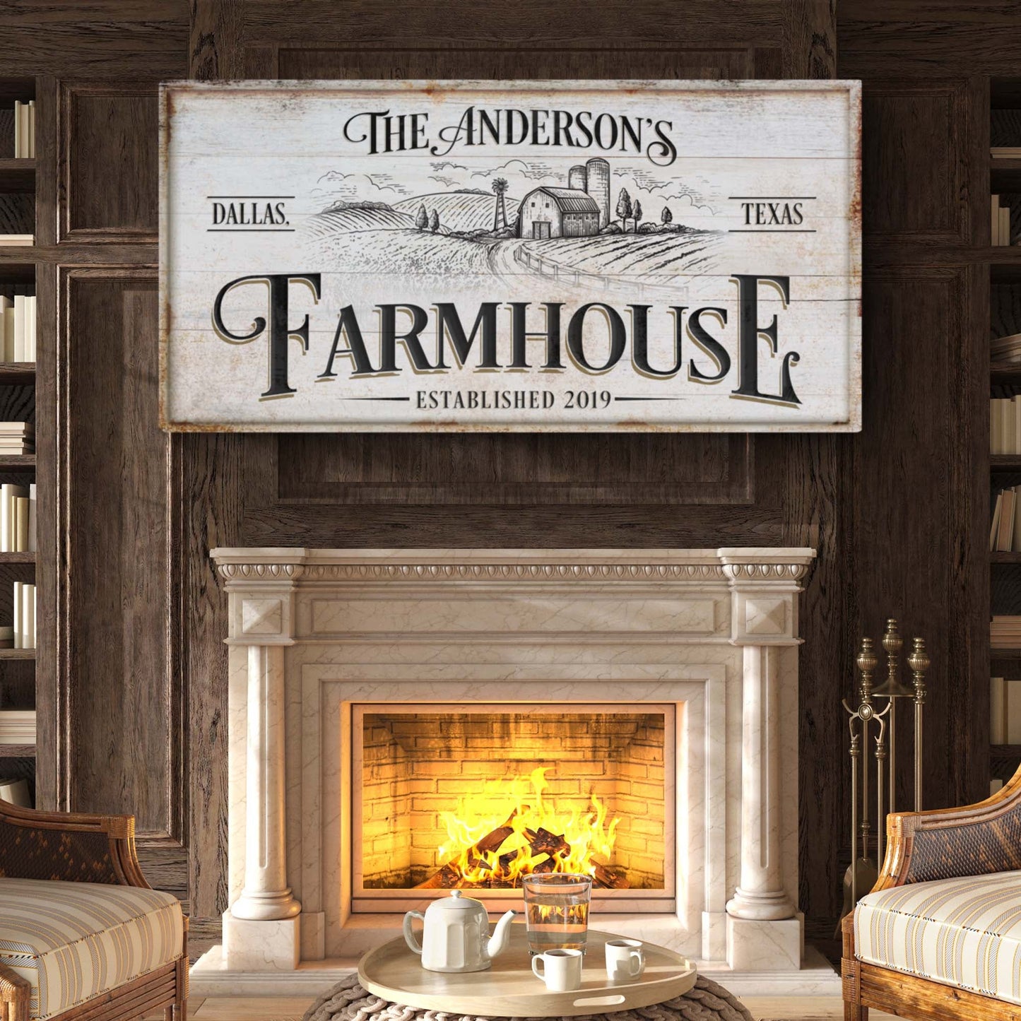 Personalized farmhouse sign canvas by Tailored Canvases with rustic barn scene and Dallas Texas on Tampa Home & Garden Store