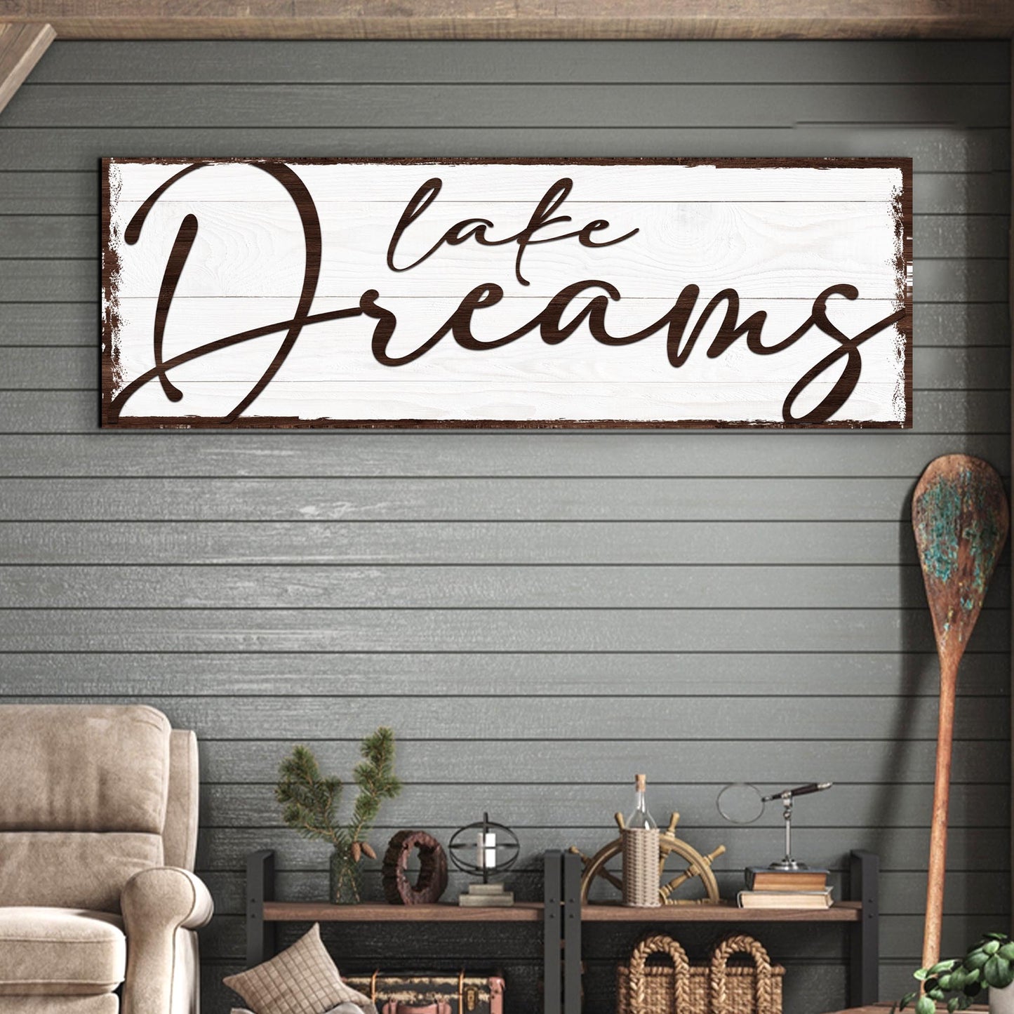 Lake Dreams canvas sign by Tailored Canvases, white wooden panel with brown cursive lettering on Tampa Home & Garden Store