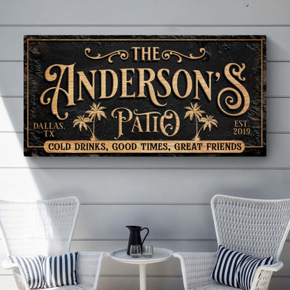 Personalized Patio Sign canvas with gold lettering on black textured background on Tampa Home & Garden Store