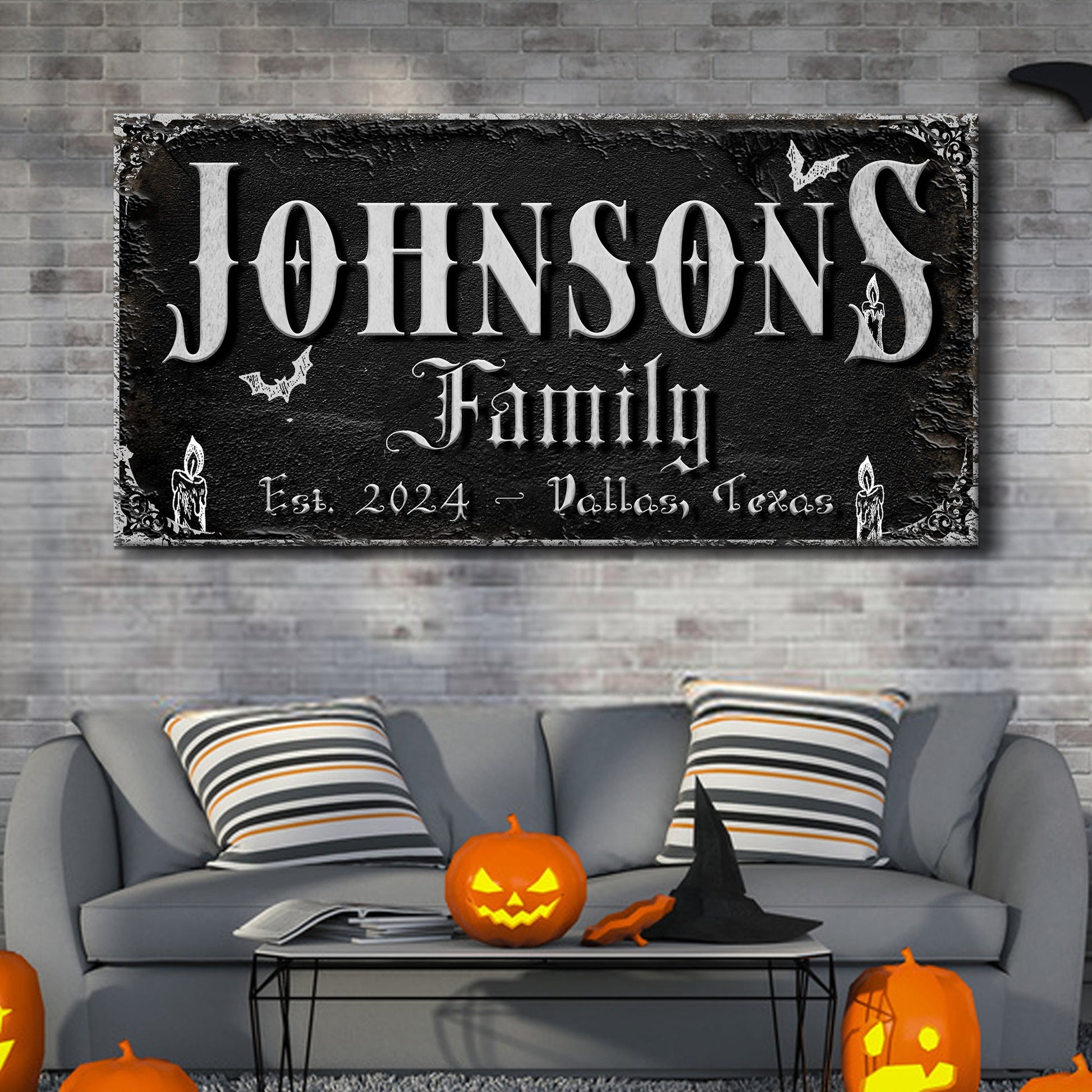 Personalized Gothic Sign V canvas by Tailored Canvases black textured background with silver Johnson's lettering on Tampa Home & Garden Store