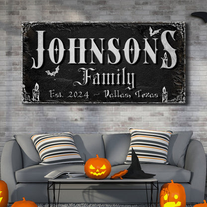 Personalized Gothic Sign V canvas by Tailored Canvases black textured background with silver Johnson's lettering on Tampa Home & Garden Store