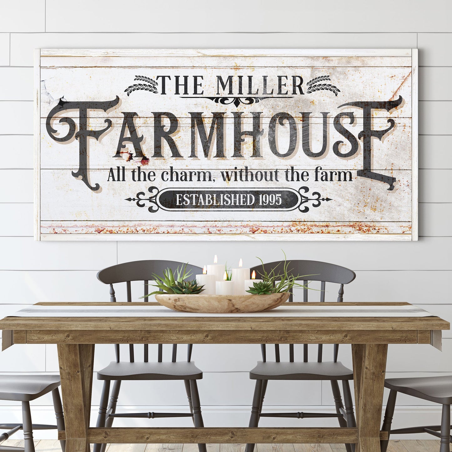 Canvas farmhouse sign Tailored Canvases, distressed white wood with bold black lettering on Tampa Home & Garden Store