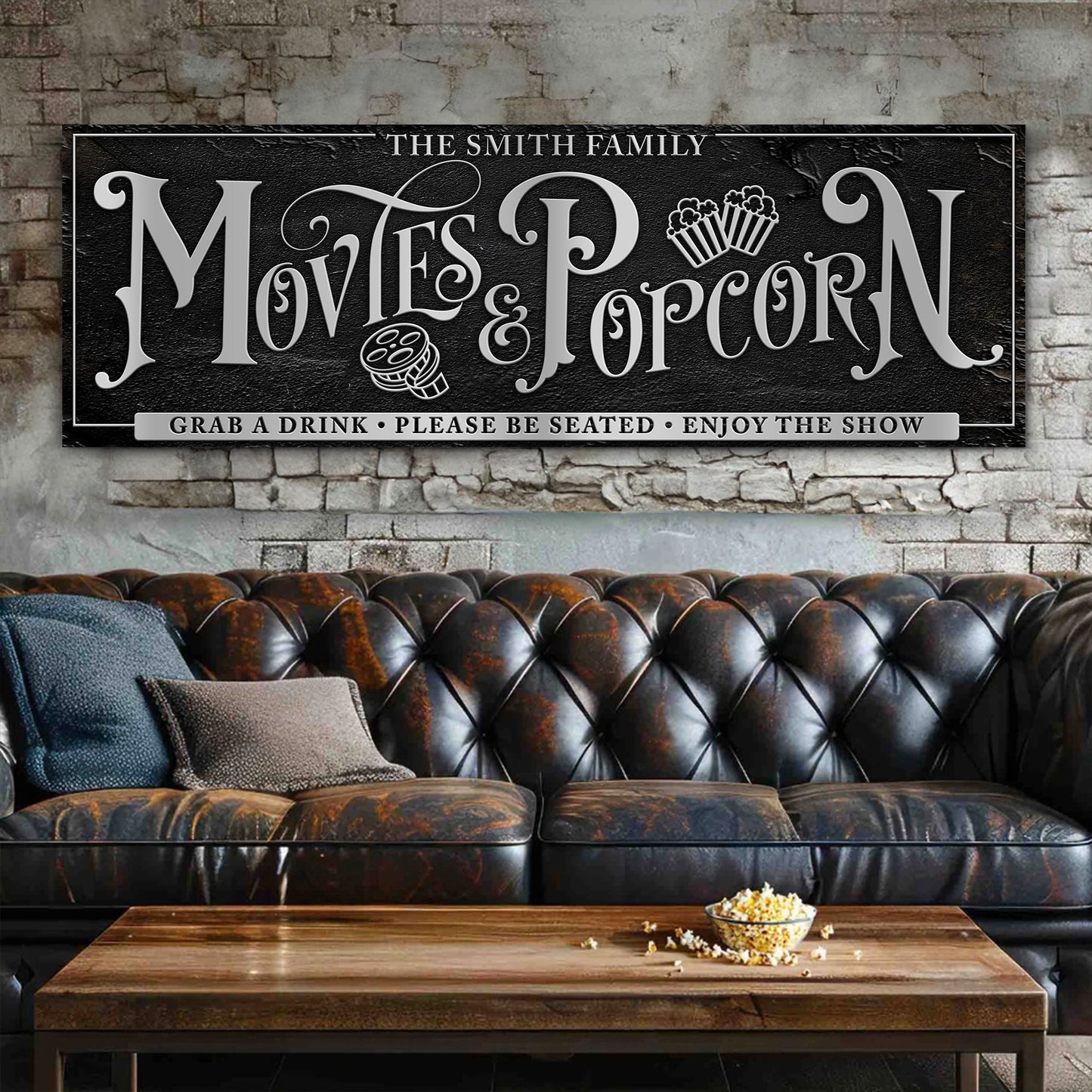 Personalized Movies & Popcorn canvas sign with ornate letters and popcorn icons on black on Tampa Home & Garden Store