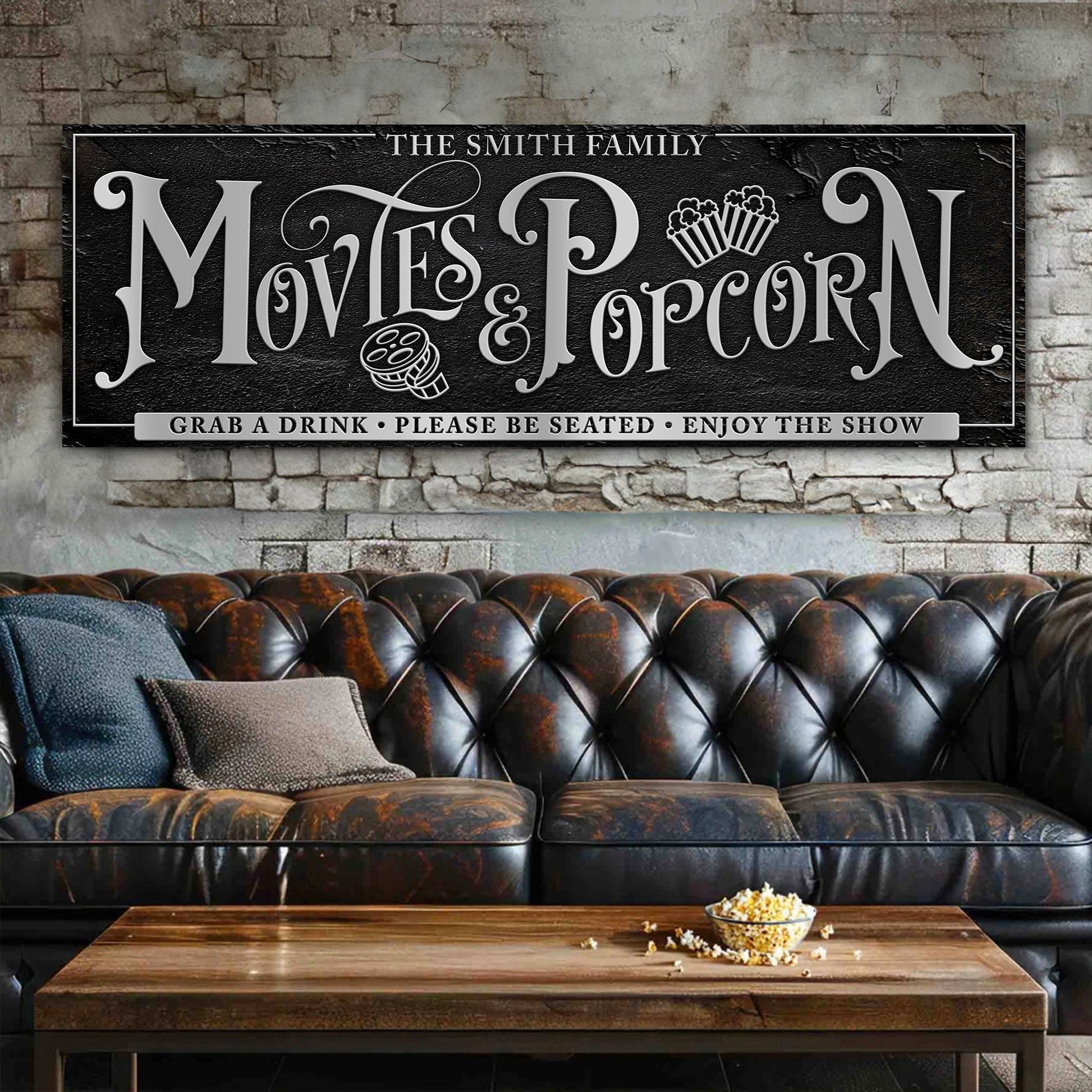 Personalized Movies & Popcorn canvas sign with ornate letters and popcorn icons on black on Tampa Home & Garden Store