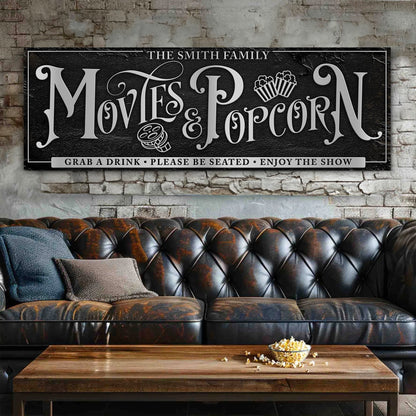Personalized Movies & Popcorn canvas sign with ornate letters and popcorn icons on black on Tampa Home & Garden Store