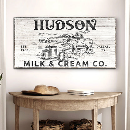 Personalized Milk & Cream Co canvas sign with whitewashed rustic finish and HUDSON farm scene on Tampa Home & Garden Store