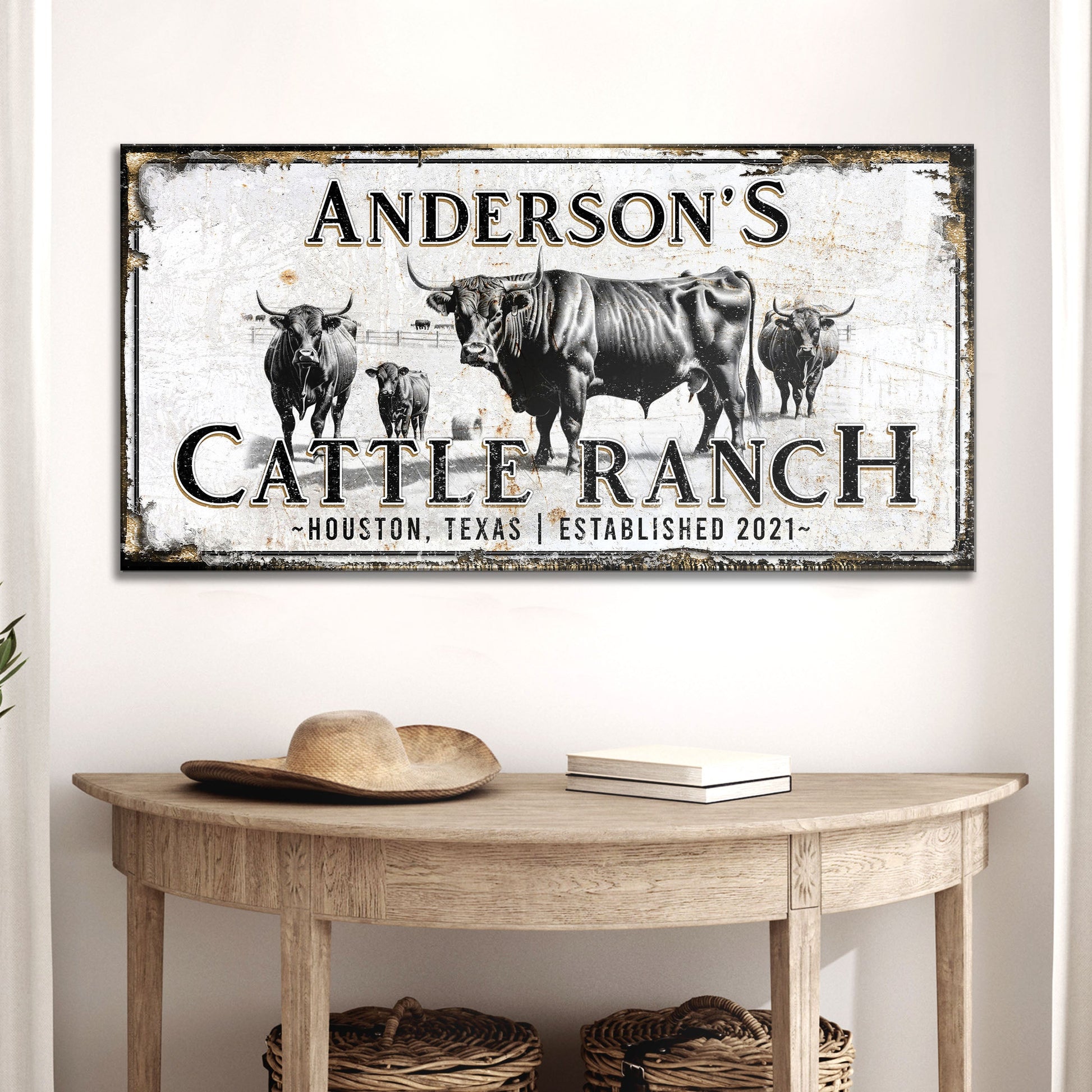 Personalized cattle sign canvas by Tailored Canvases with rustic distressed cattle imagery on Tampa Home & Garden Store