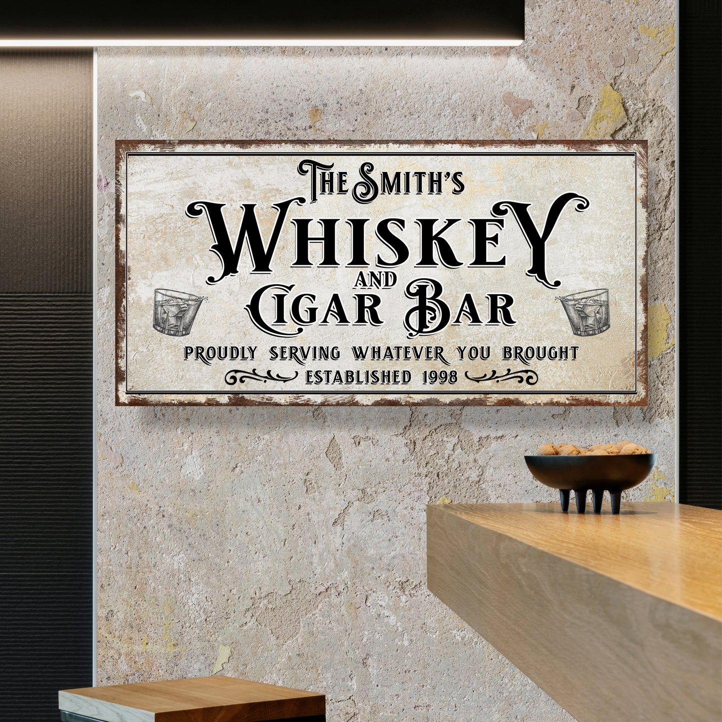 Personalized Whiskey and Cigar Bar Sign canvas by Tailored Canvases with vintage black lettering on Tampa Home & Garden Store
