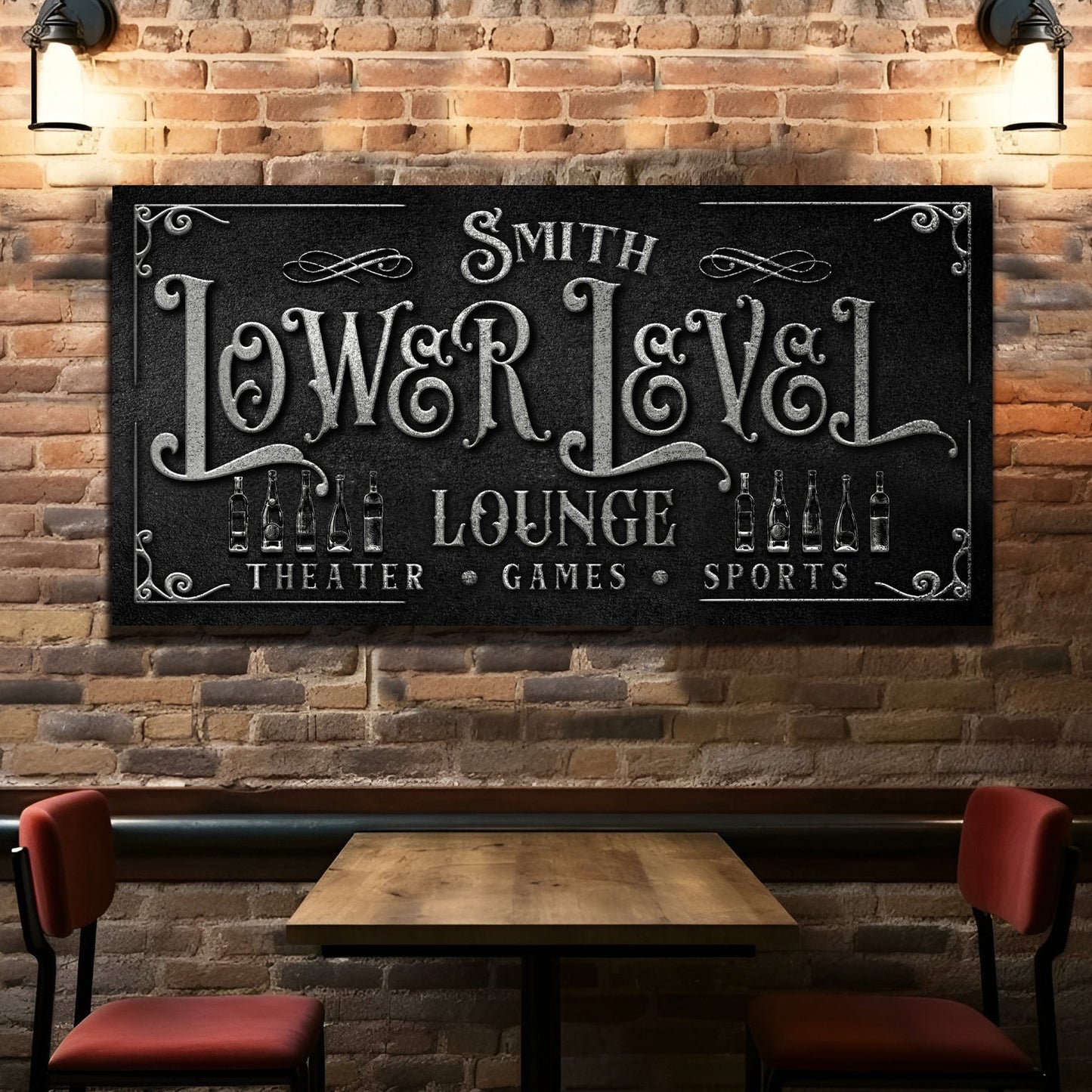 Personalized lower level sign canvas with black and silver lettering Smith Lounge on Tampa Home & Garden Store