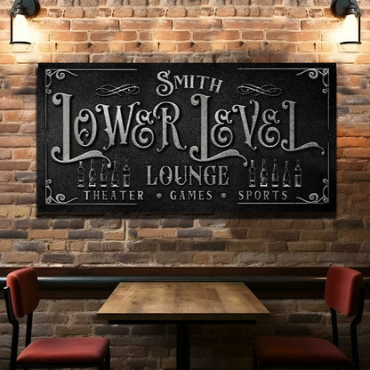 Personalized lower level sign canvas with black and silver lettering Smith Lounge on Tampa Home & Garden Store