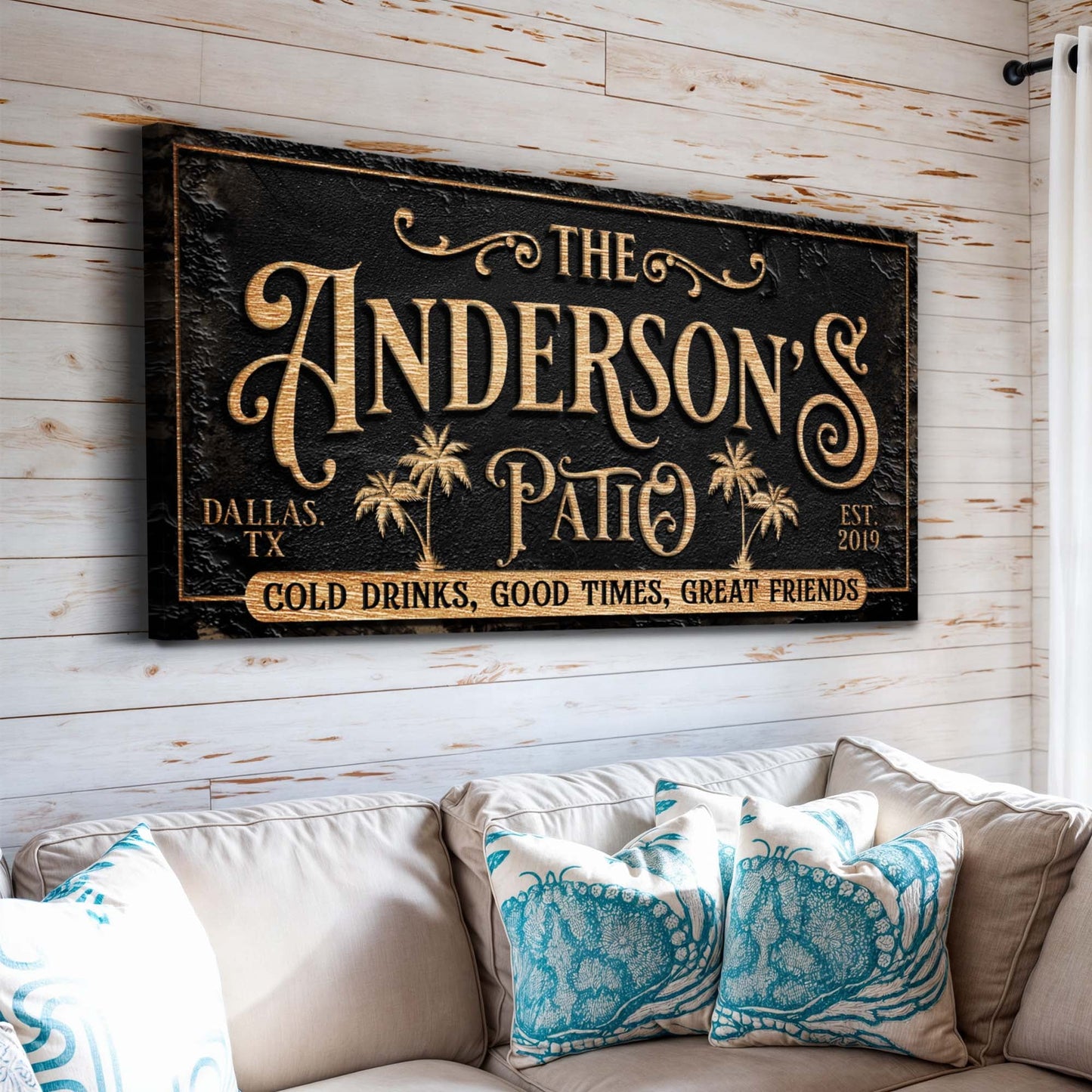 Personalized patio sign canvas wall art in black and gold with palm motifs by Tailored Canvases on Tampa Home & Garden Store