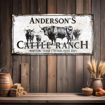 Personalized Cattle Sign canvas by Tailored Canvases, distressed white rustic cattle ranch art on Tampa Home & Garden Store