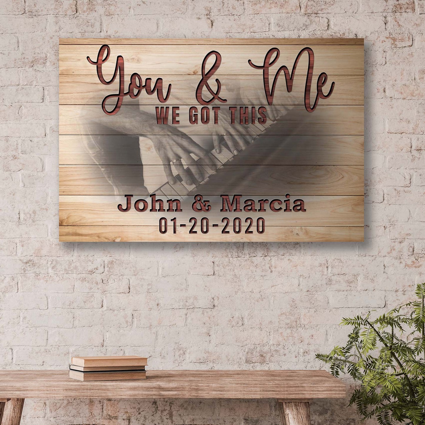 You & Me We Got This Couple Piano Sign canvas on wood with maroon script Tailored Canvases on Tampa Home & Garden Store