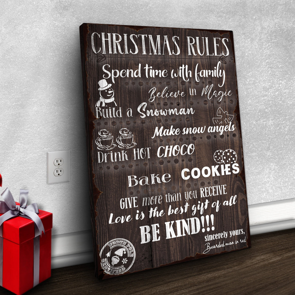 Christmas Rules Canvas sign by Tailored Canvases, dark wood grain with white script on Tampa Home & Garden Store