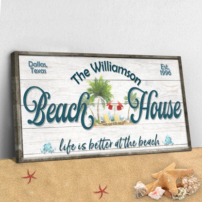 Personalized Beach House Sign canvas by Tailored Canvases with teal script and palms on Tampa Home & Garden Store
