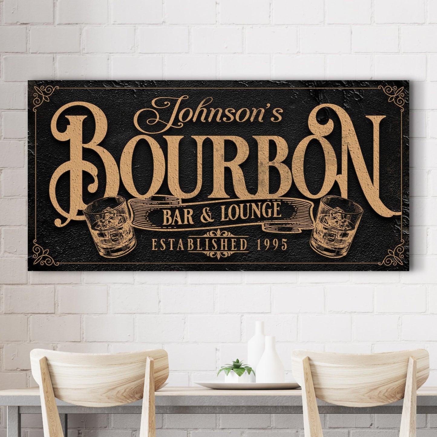 Personalized Bourbon Bar Sign II Tailored Canvases on black background with script on Tampa Home & Garden Store