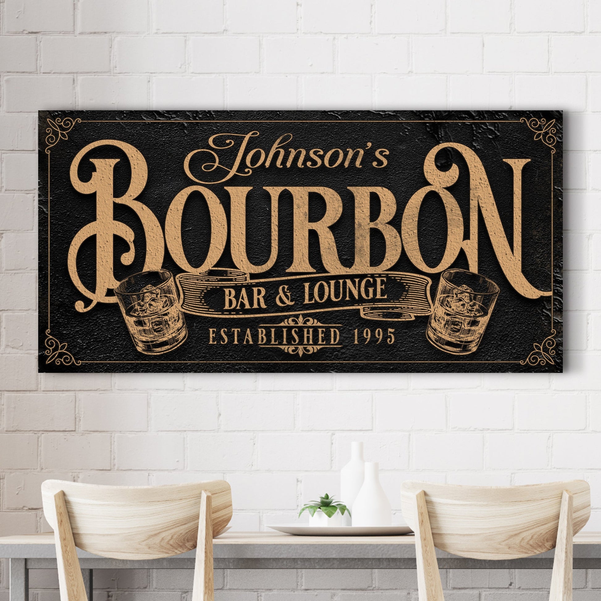 Personalized Bourbon Bar Sign II Tailored Canvases on black background with script on Tampa Home & Garden Store