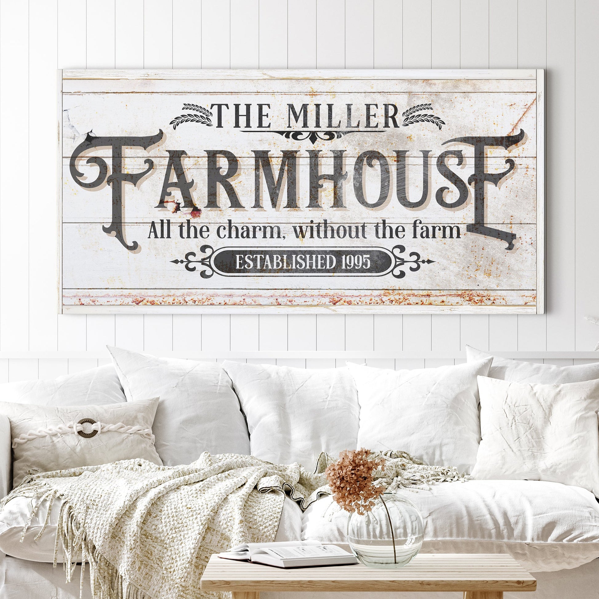 Personalized Farmhouse Sign II canvas with rustic whitewashed planks and bold FARMHOUSE typography on Tampa Home & Garden Store