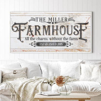Personalized Farmhouse Sign II canvas with rustic whitewashed planks and bold FARMHOUSE typography on Tampa Home & Garden Store