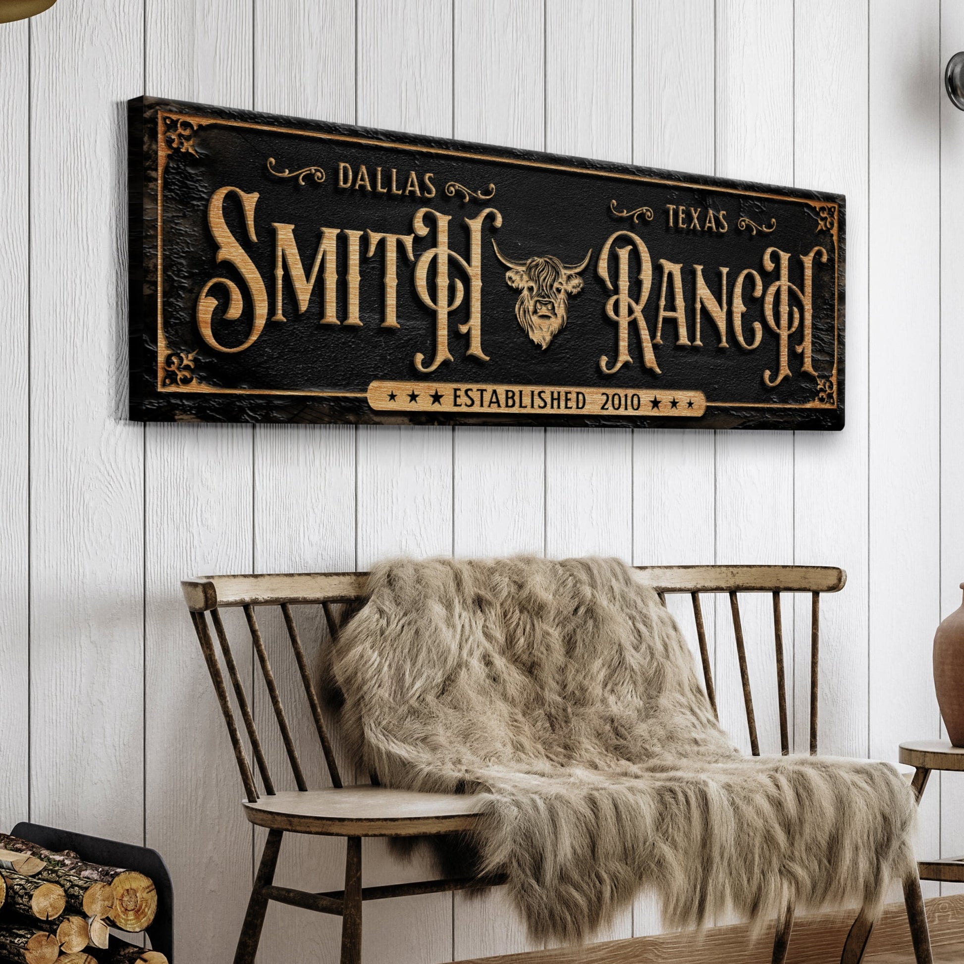 Personalized cattle ranch sign canvas in black with gold lettering, Dallas Texas established 2010 on Tampa Home & Garden Store