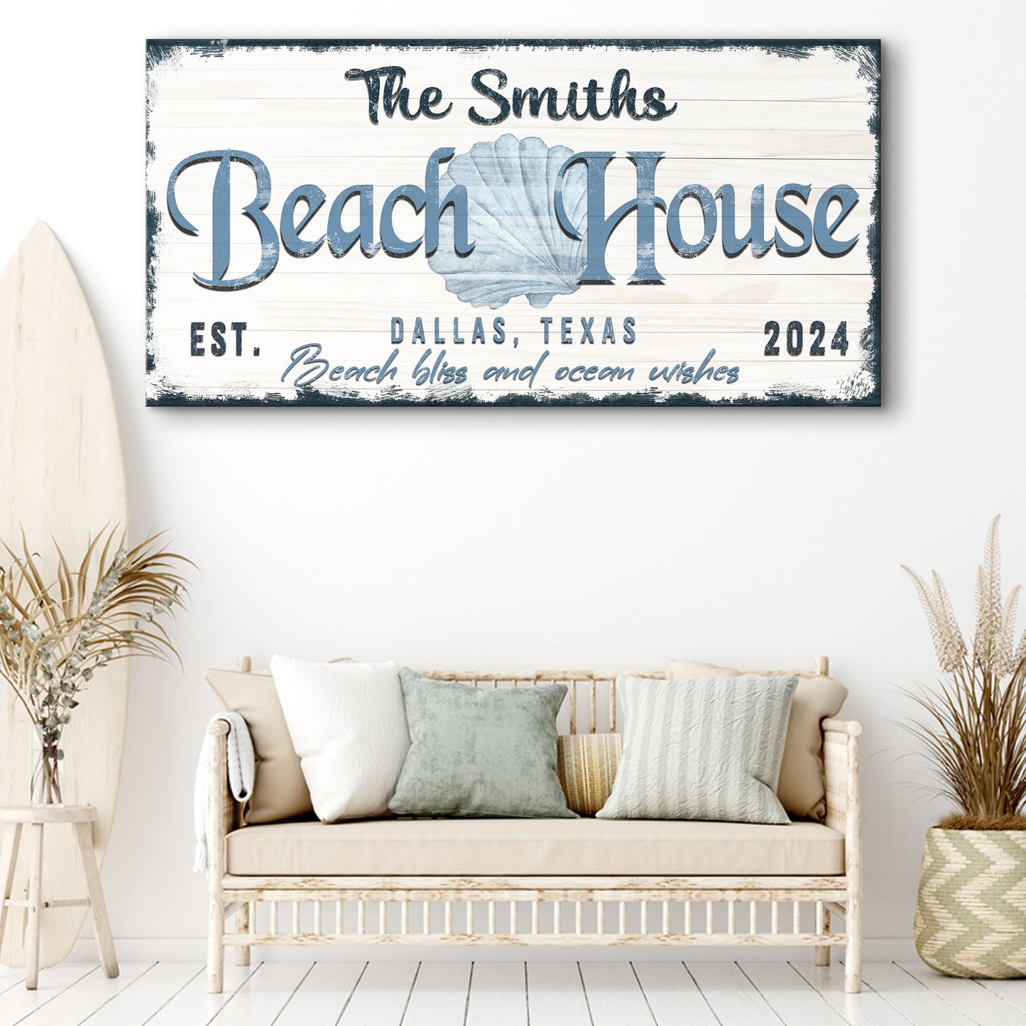 Personalized Beach House Sign IV canvas with weathered white wood planks and blue script on Tampa Home & Garden Store