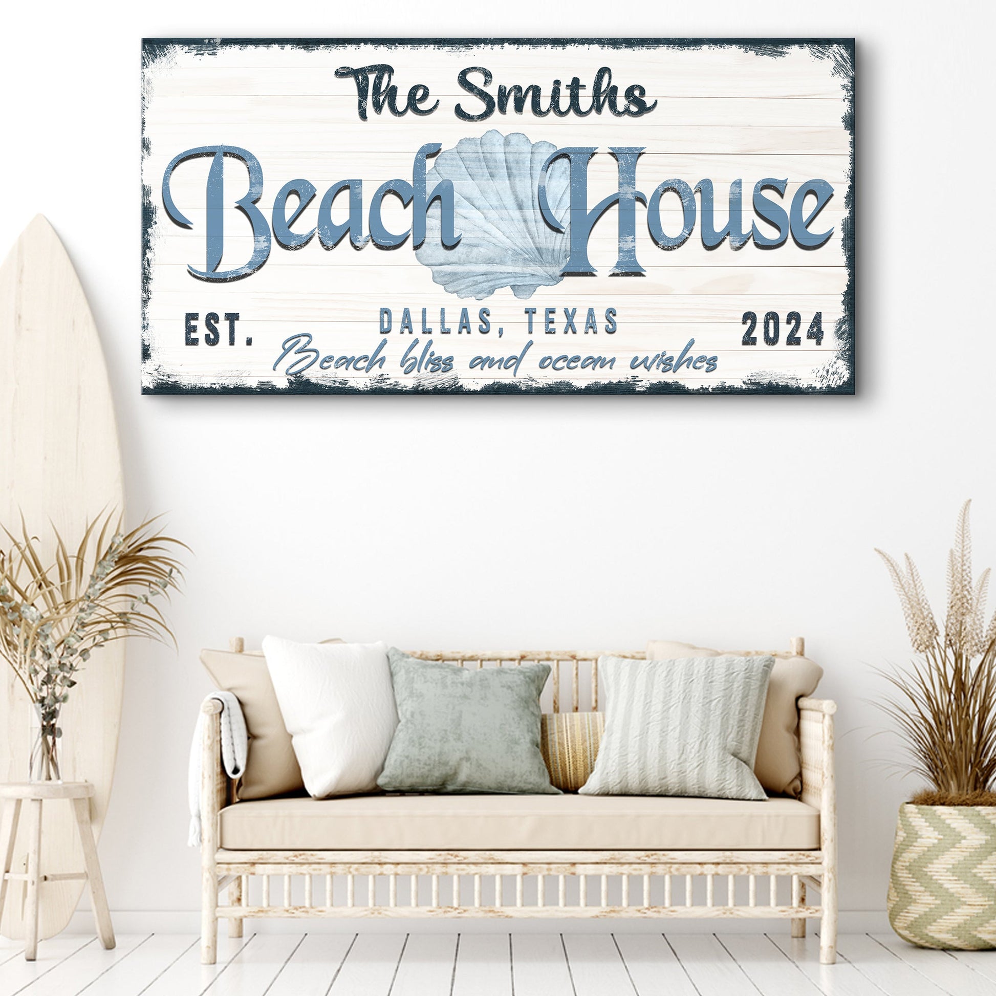 Personalized Beach House Sign IV canvas with weathered white wood planks and blue script on Tampa Home & Garden Store