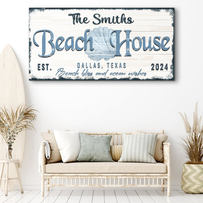 Personalized Beach House Sign IV canvas with weathered white wood planks and blue script on Tampa Home & Garden Store