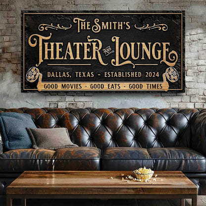 Canvas: Personalized Theater Sign II by Tailored Canvases with black and gold on Tampa Home & Garden Store