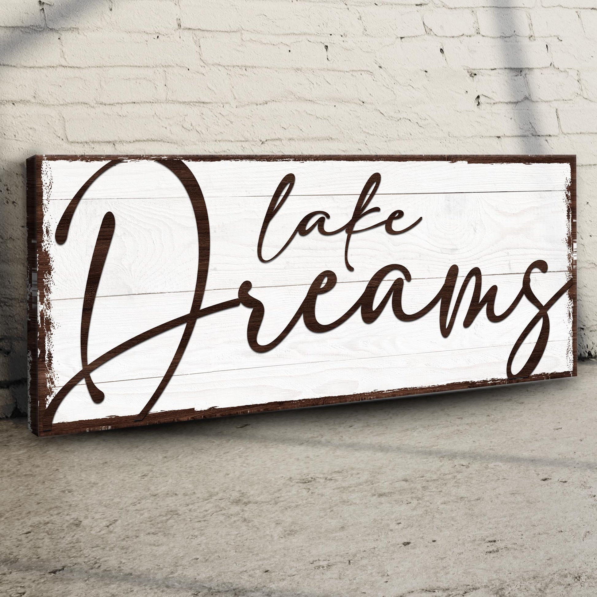 Lake Dreams Sign canvas wall art with distressed white plank and brown frame Tailored Canvases on Tampa Home & Garden Store