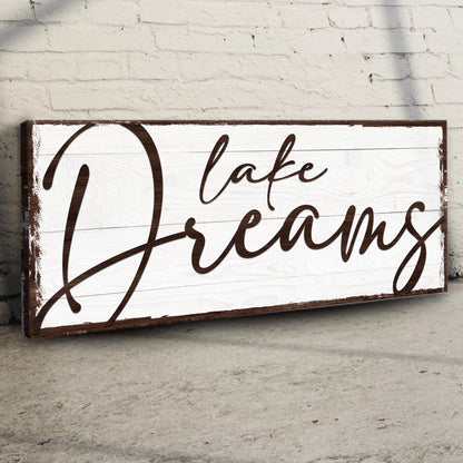 Lake Dreams Sign canvas wall art with distressed white plank and brown frame Tailored Canvases on Tampa Home & Garden Store