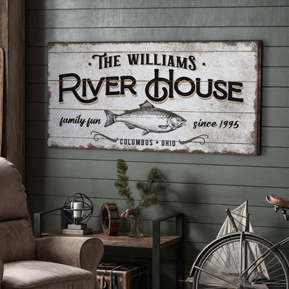 Personalized River House Sign canvas by Tailored Canvases with distressed white finish and fish on Tampa Home & Garden Store
