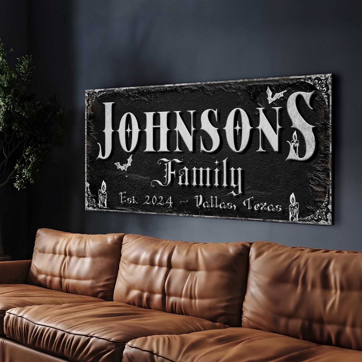 Personalized Gothic Sign V canvas by Tailored Canvases with black background and white lettering on Tampa Home & Garden Store