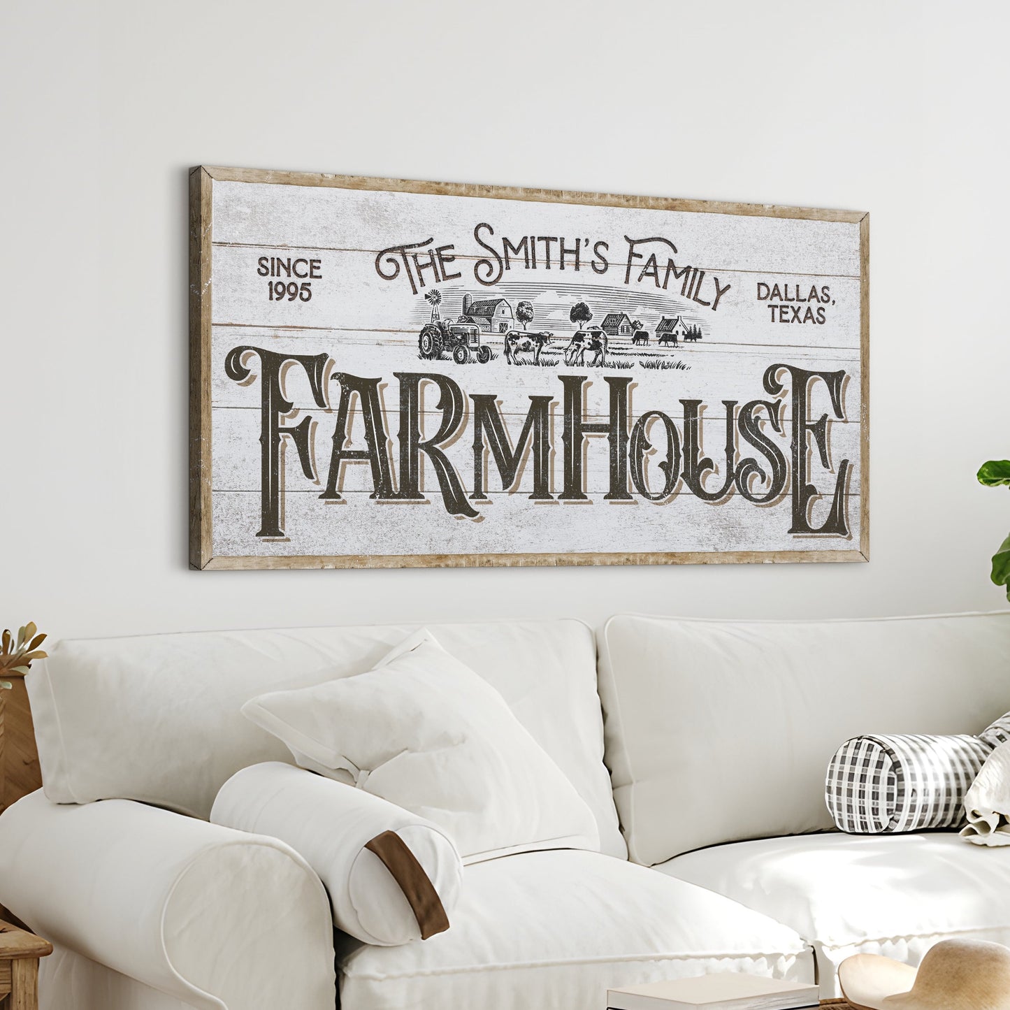 Personalized Farmhouse Sign V canvas by Tailored Canvases with rustic whitewashed frame, crafting canvas on Tampa Home & Garden Store