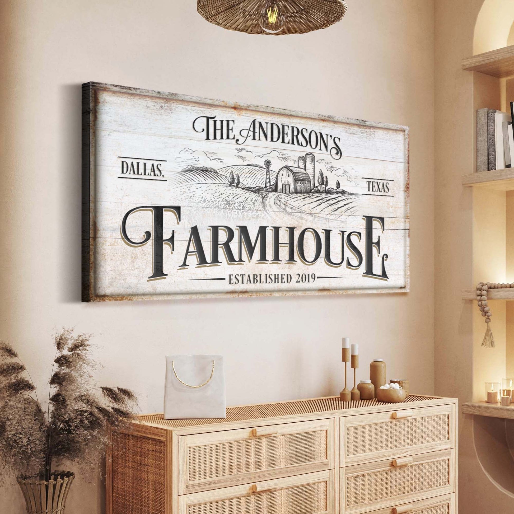 Personalized Farmhouse Sign canvas wall art with rustic whitewashed frame on Tampa Home & Garden Store