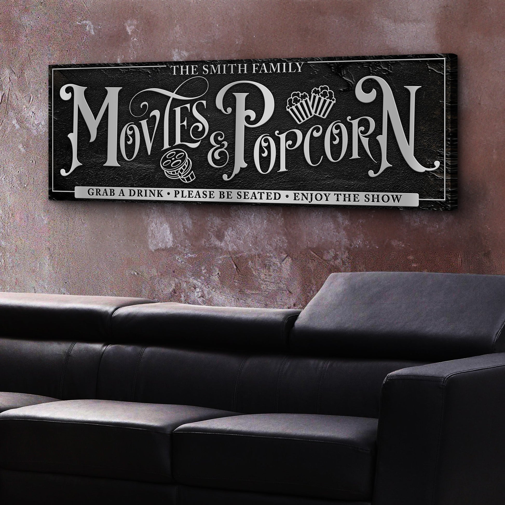 Personalized Movies & Popcorn Sign canvas in black with gray lettering by Tailored Canvases on Tampa Home & Garden Store