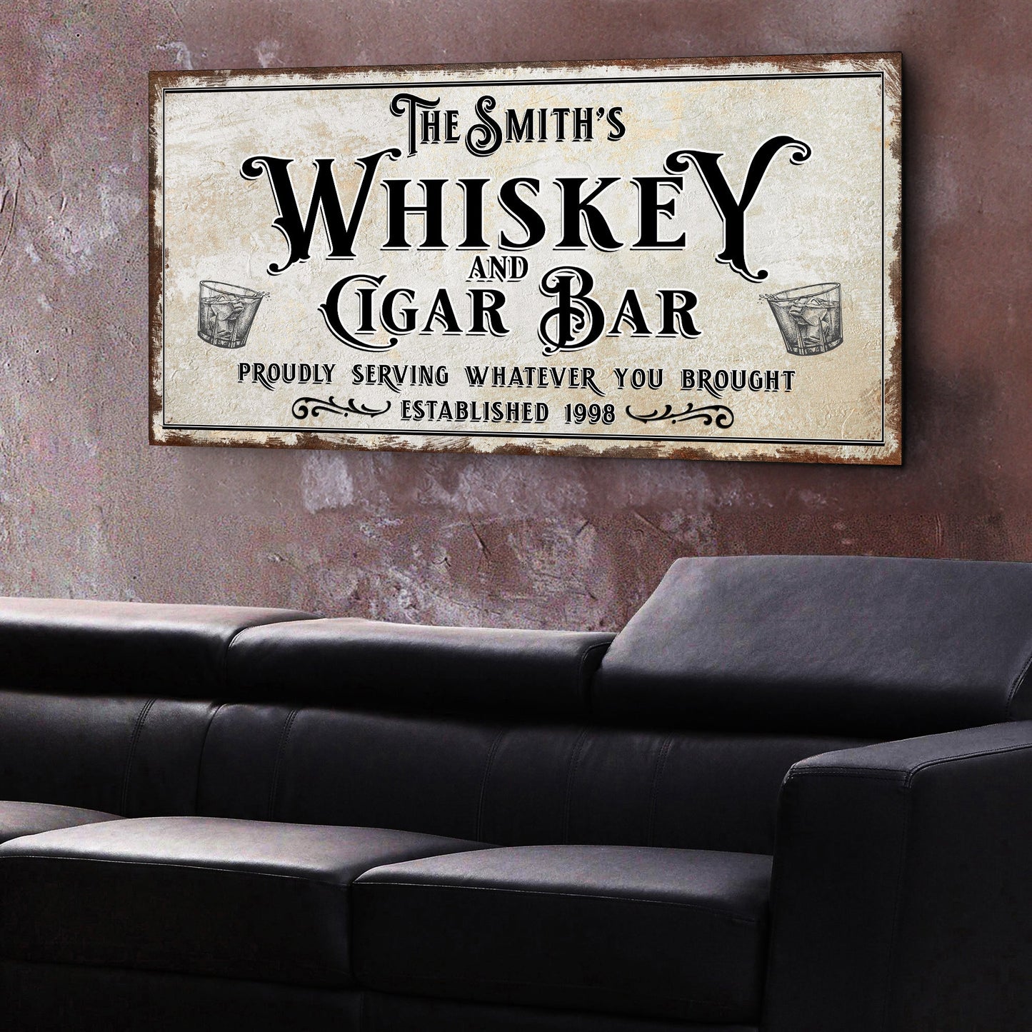 Personalized whiskey and cigar bar sign on canvas with whiskey glass icons on Tampa Home & Garden Store