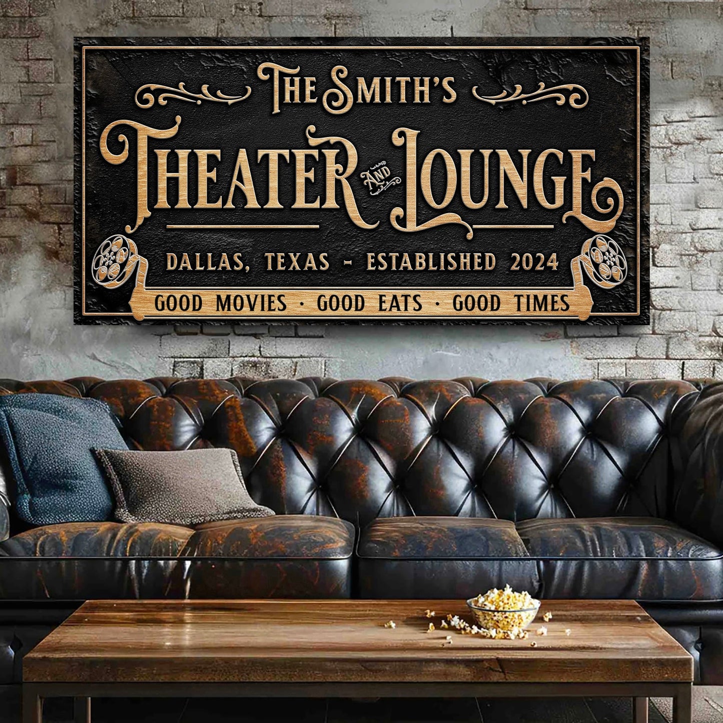 Personalized Theater Sign II canvas by Tailored Canvases, gold lettering and film reels on Tampa Home & Garden Store