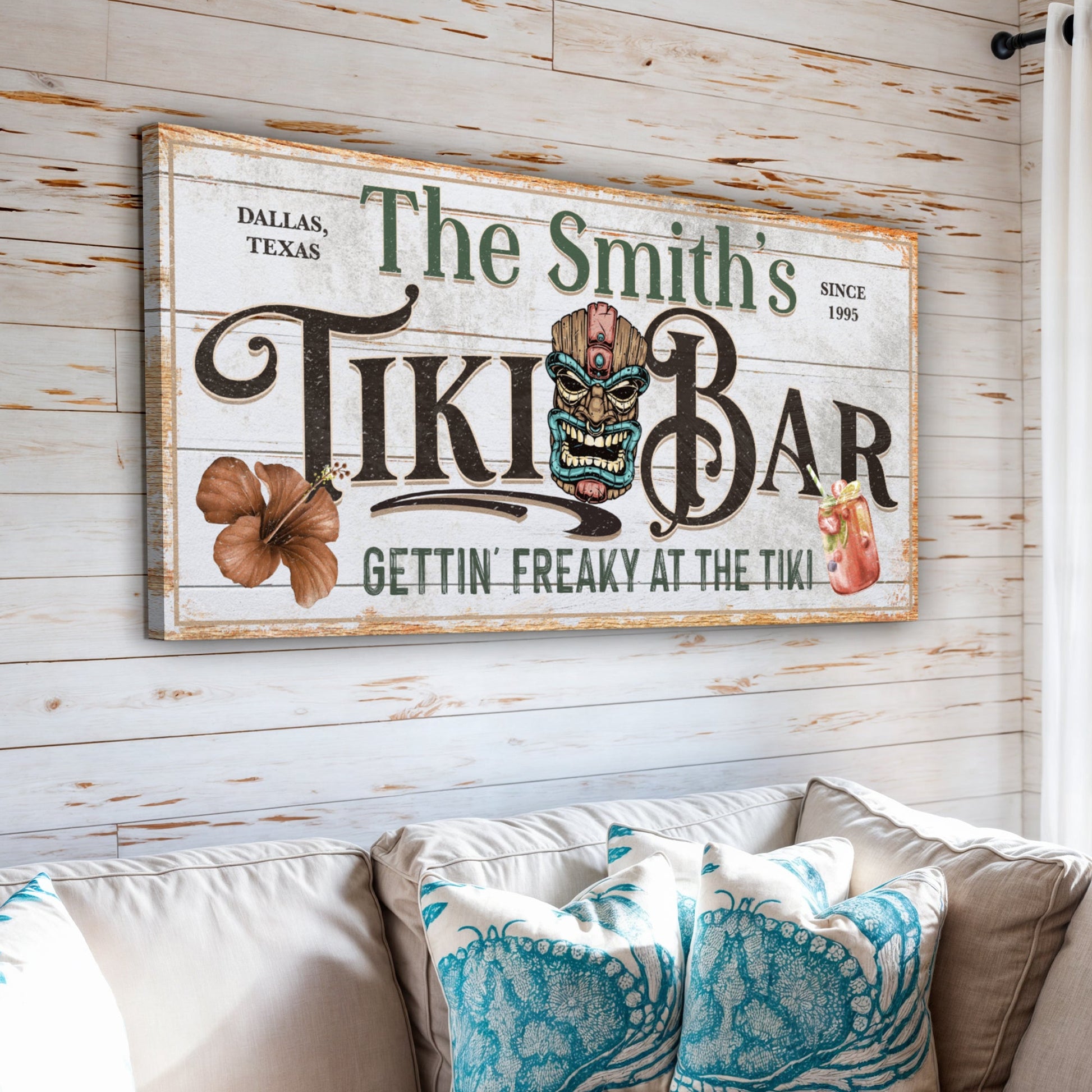 Personalized tiki bar sign canvas with distressed white surface and green lettering on Tampa Home & Garden Store