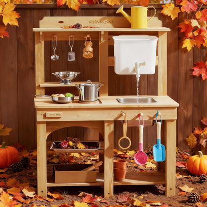 Tiny Land Mud Kitchen DuoPlay wooden kitchen with hanging utensils and white sink on Tampa Home & Garden Store