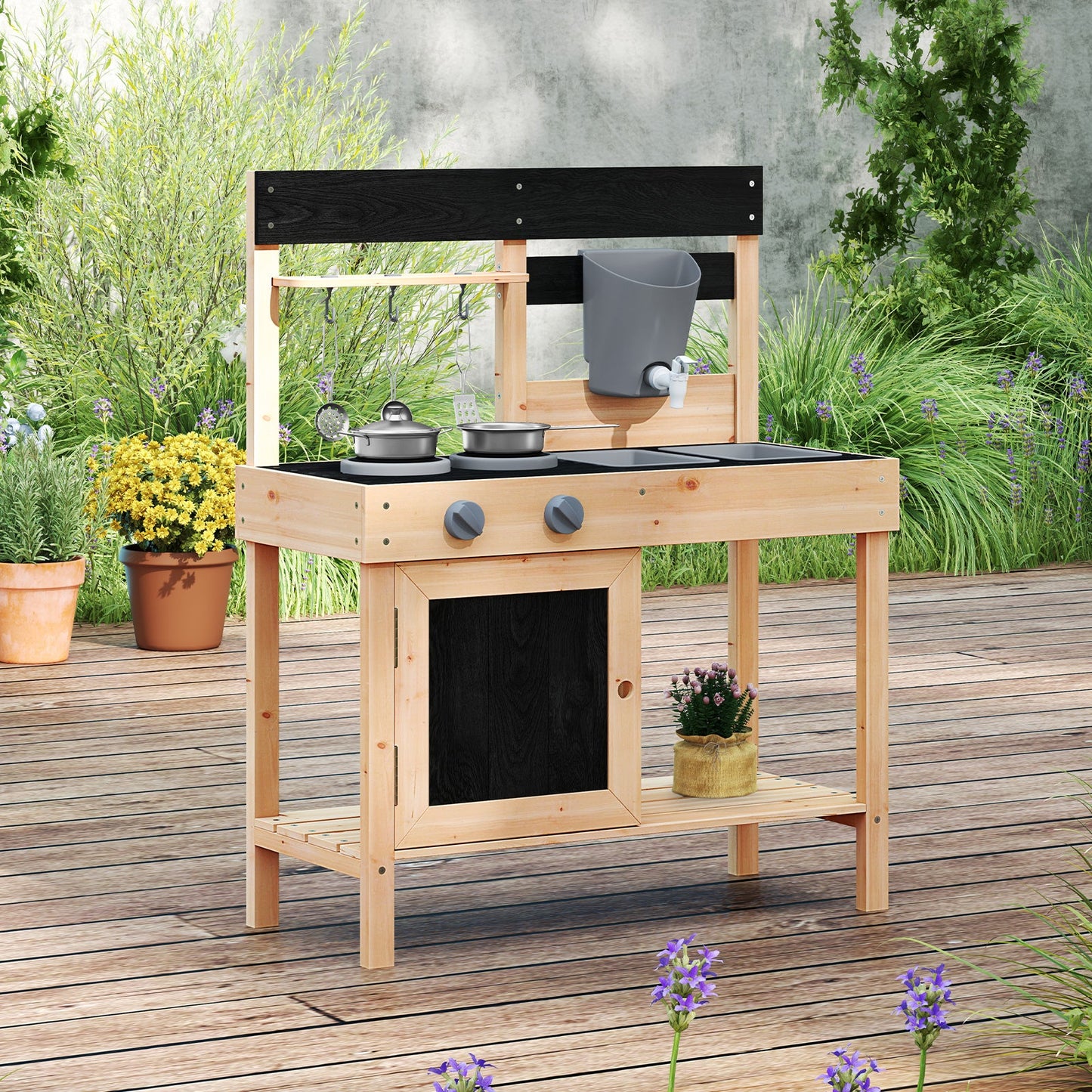 Mud Kitchen Playset Kids Play Kitchen Outdoor with 2 Removable Sinks-Natural