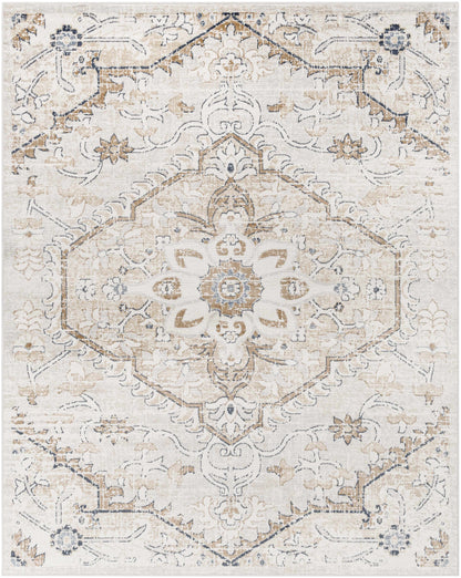 Mudgee Area Rug, Boutique Rugs; beige ivory navy oriental medallion with distressed look on Tampa Home & Garden Store