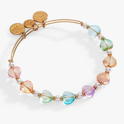 Colorful Heart Beaded Bangle by ALEX AND ANI with pastel glass heart beads on gold-tone coils on Tampa Home & Garden Store